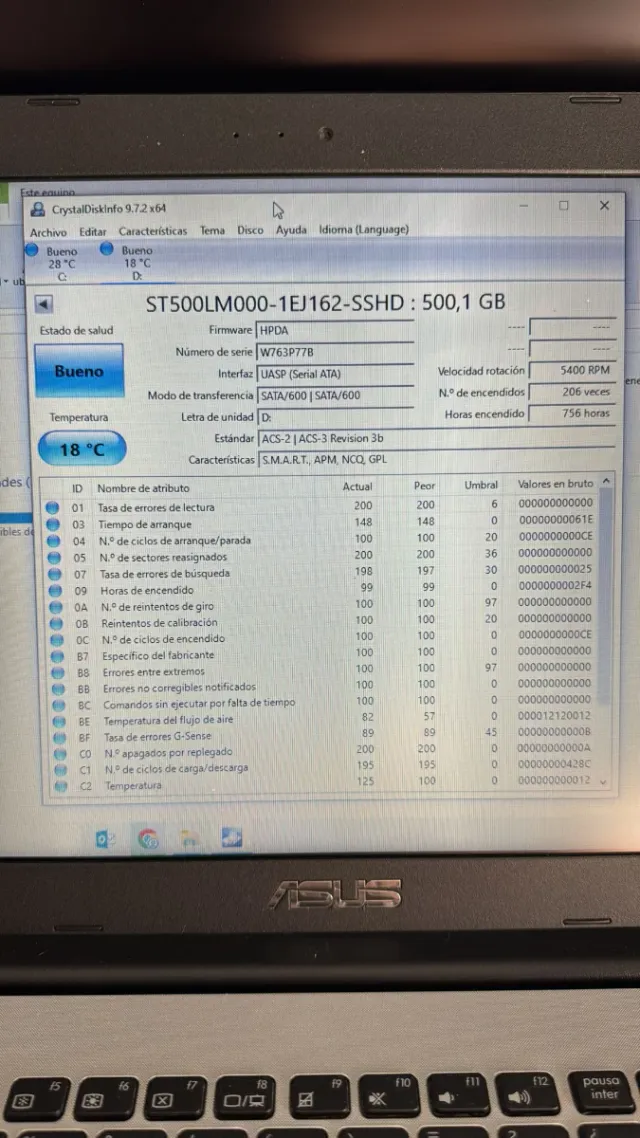 Disco duro HDD 2.5” 500gb 756 horas de uso.