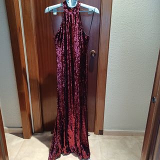 Vestido Largo Lentejuelas Rojo Cuello Halter Zara