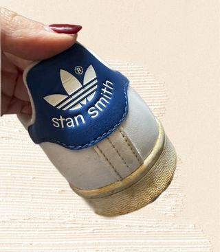 White and blue Adidas Stan Smith lace up sneakers