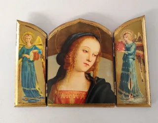 Tríptico Madera Virgen María Dorado