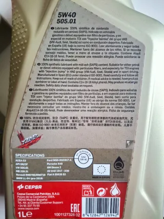 LOTE 3: Aceite 1L Motor Cepsa Xtar 5W40 505.01