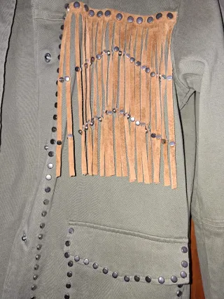 Cazadora Zara Mujer Verde Tachuelas Flecos