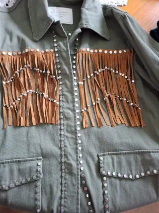 Cazadora Zara Mujer Verde Tachuelas Flecos