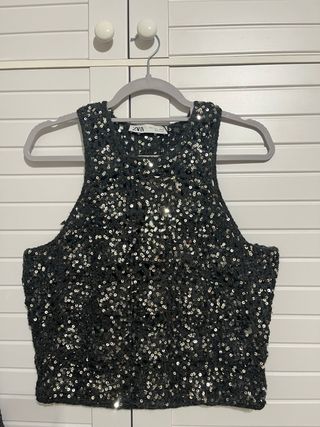 Top lentejuelas Zara negro/plata