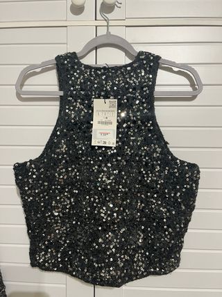 Top lentejuelas Zara negro/plata