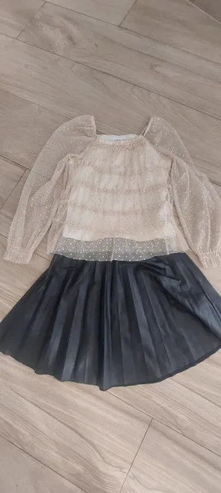 Conjunto Zara Niña Falda y Blusa Beige/Negro