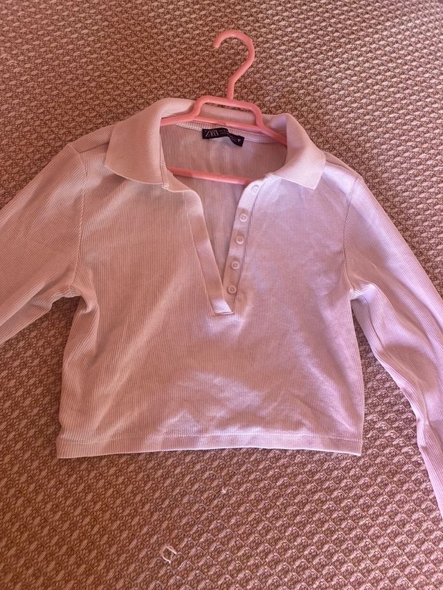 Jersey Zara manga larga cuello polo blanca