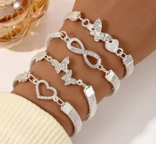 4 Pulseras Plata Corazón Mariposa Infinito