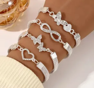 4 Pulseras Plata Corazón Mariposa Infinito