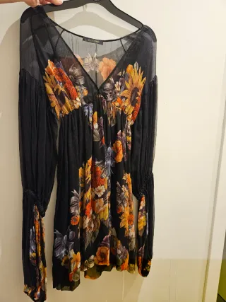 Roberto Cavalli Vestido Floral Negro Manga Larga