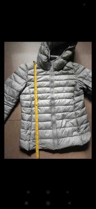 Chaqueta acolchada gris con capucha, 100% plumas