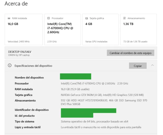 Lote ordenador Gaming portátil HP OMEN ,1'36 tb, W