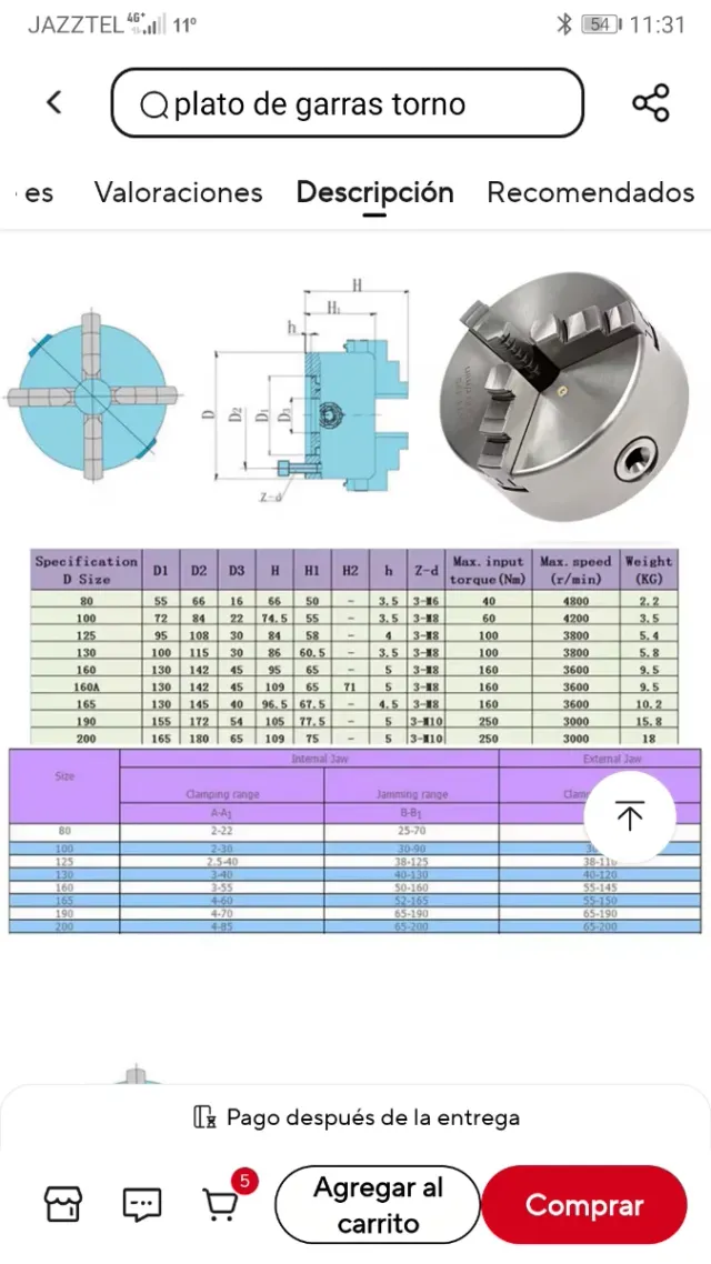 Plato de torno 3 garras