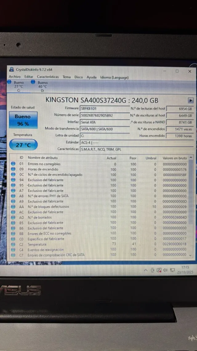 Disco ssd 240 gb sata. 1398 horas de uso