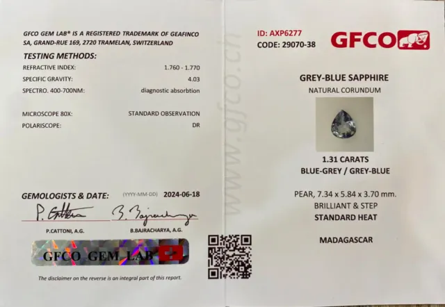 1.31ct Zafiro Azul-Gris Certificado