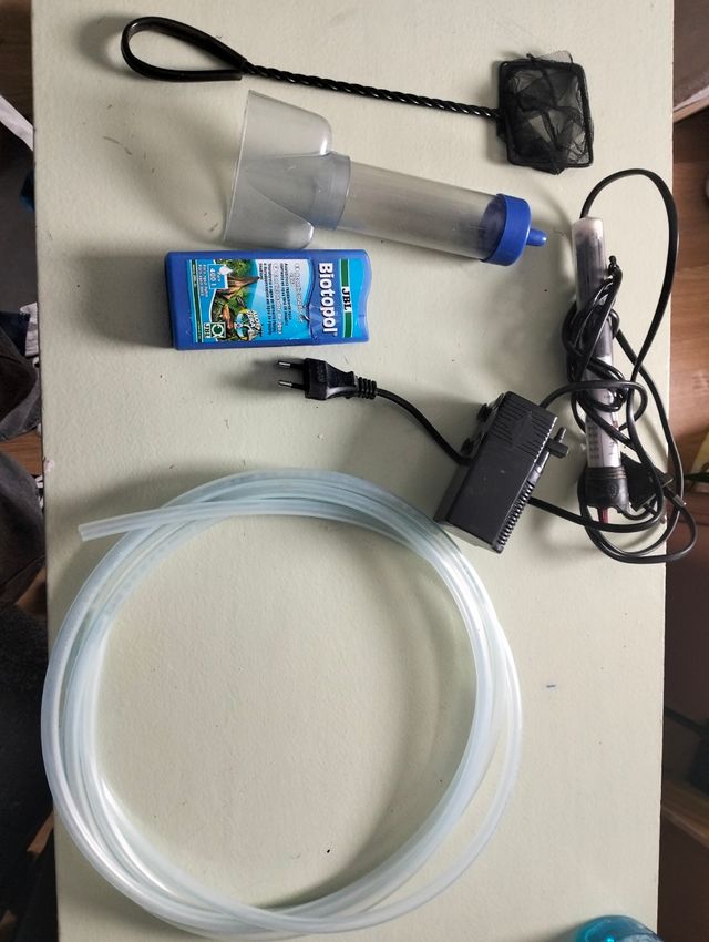 Accesorios para acuario: red, tubo, calentador