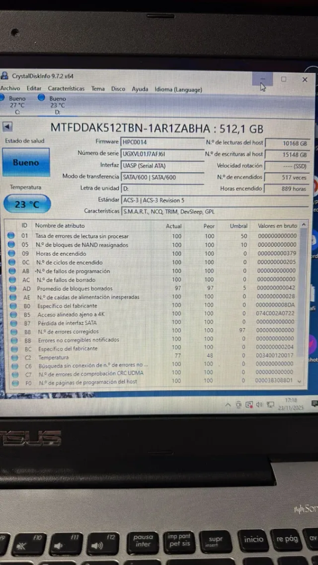 Disco ssd 512 gb sata. Buen estado. 889 horas de u