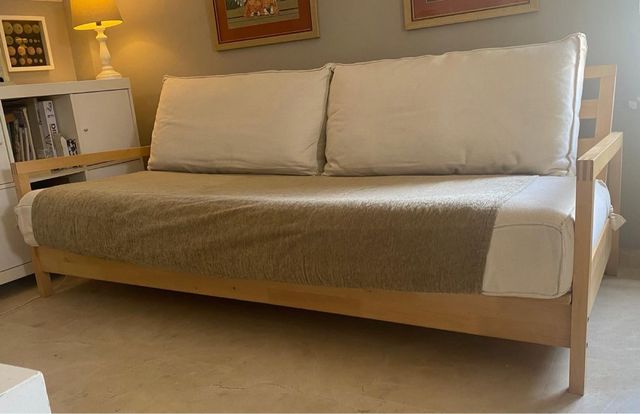 Sofá Cama Beige Tela y Madera