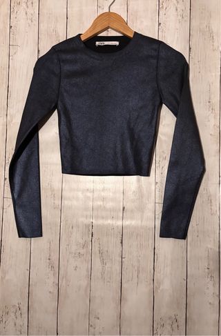 Top Zara brillo manga larga azul plateado