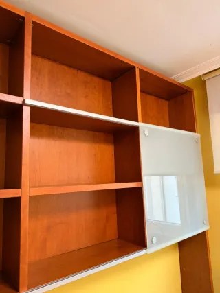 Estantería de madera con puertas de cristal