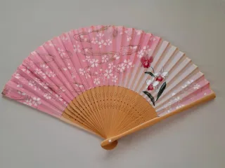 Abanico rosa con flores y nubes