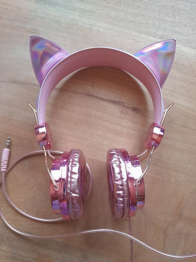 Auriculares Kawaii orejas gato rosa metálico