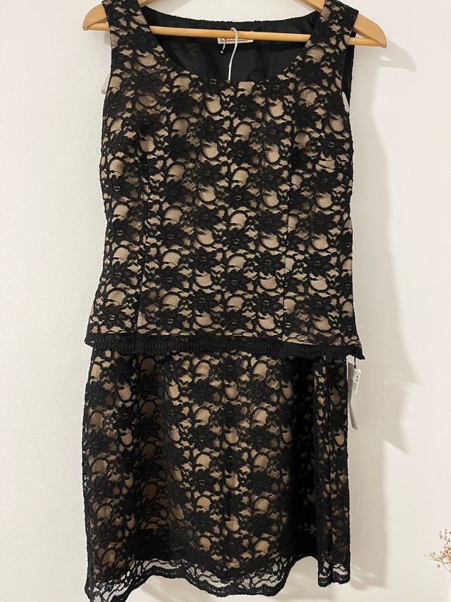 Vestido encaje negro y beige