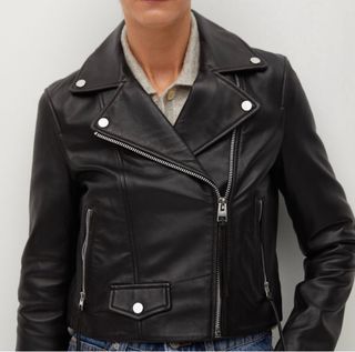 Cazadora Biker Piel Mango Negra