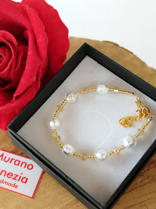 Bracciale Murano Vetro bianco Argento e Oro