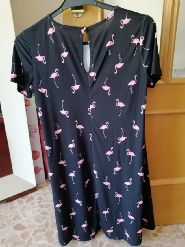 Vestido Negro Flamencos Rosa Talla Única