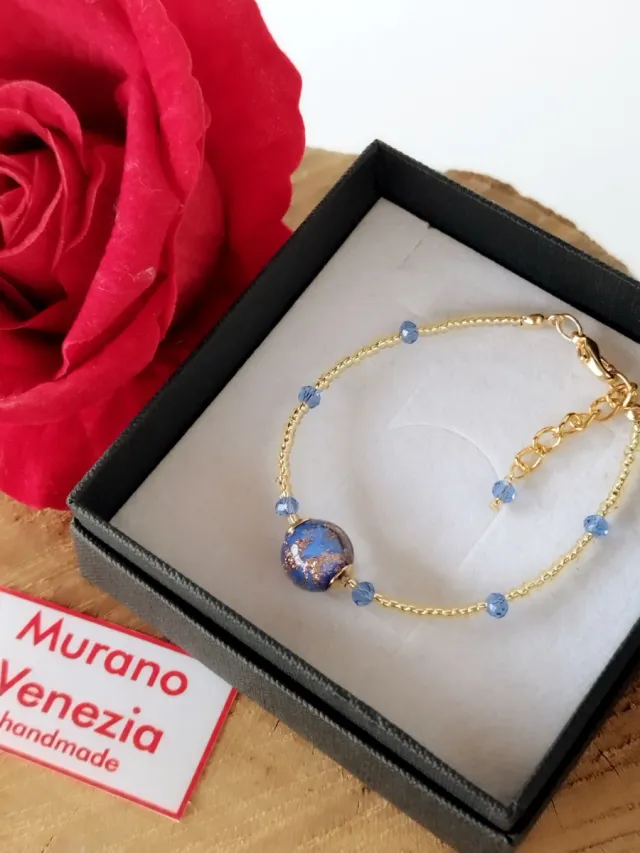 Bracciale Murano Vetro Blu Oro Fatto a Mano