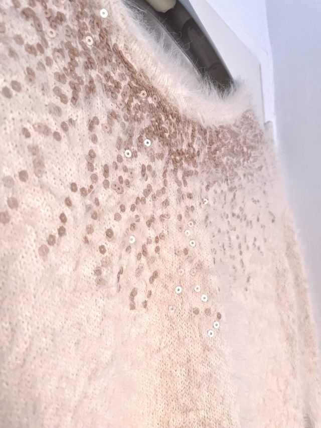 Jersey pelo con lentejuelas beige y dorado