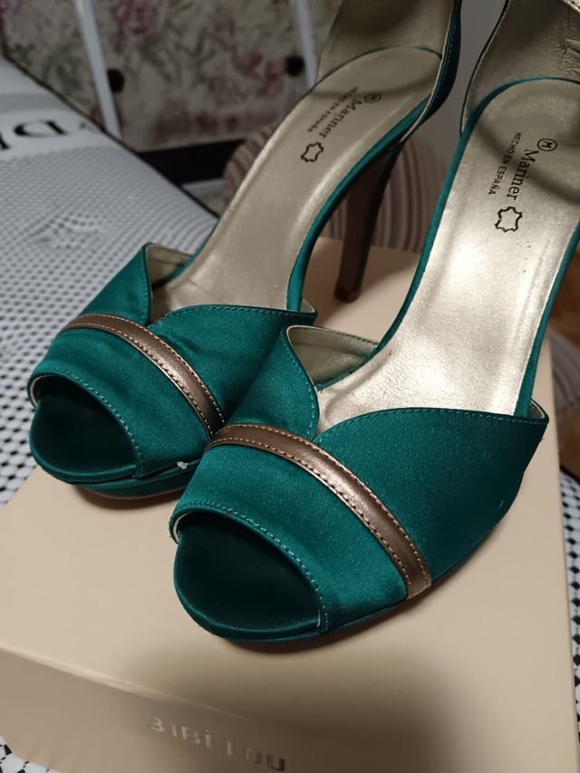 Zapatos de tacón T.38 verde esmeralda/dorado