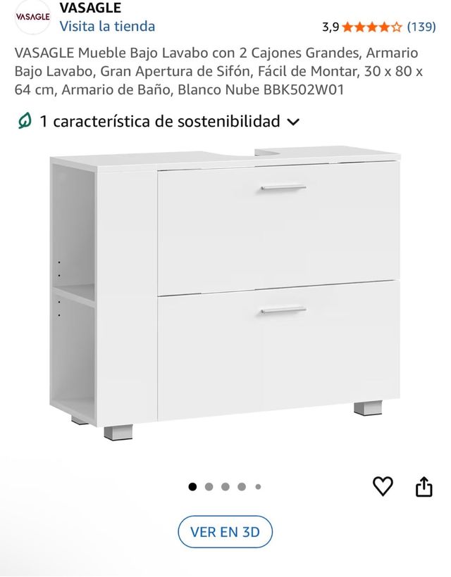 Mueble Bajo Lavabo VASAGLE 2 Cajones Blanco