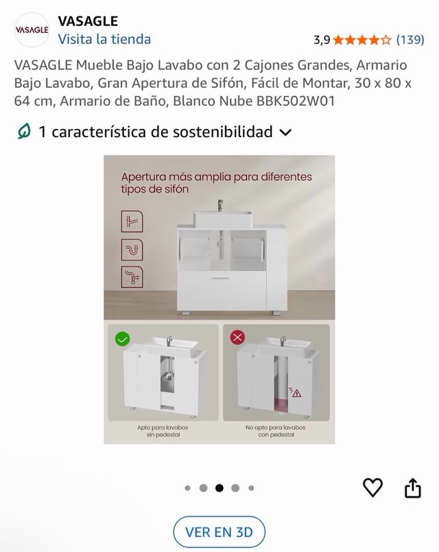 Mueble Bajo Lavabo VASAGLE 2 Cajones Blanco