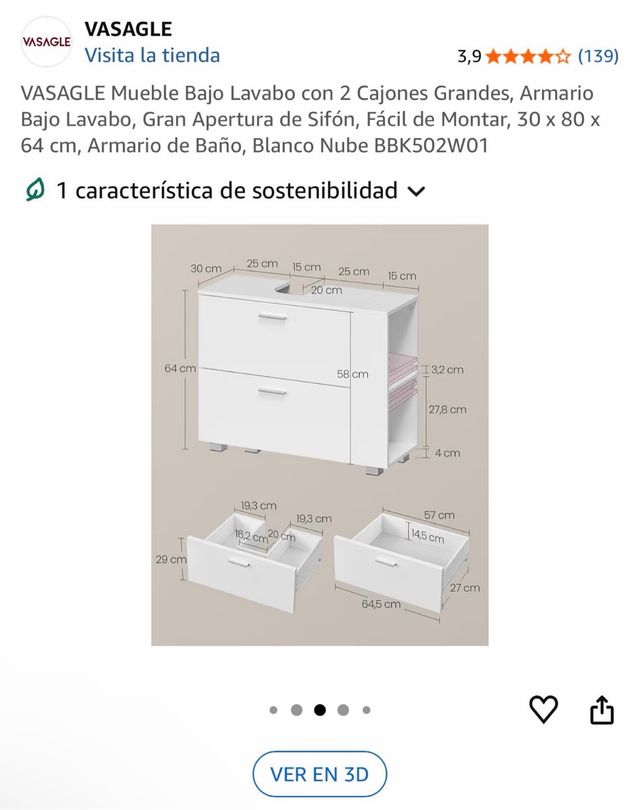 Mueble Bajo Lavabo VASAGLE 2 Cajones Blanco