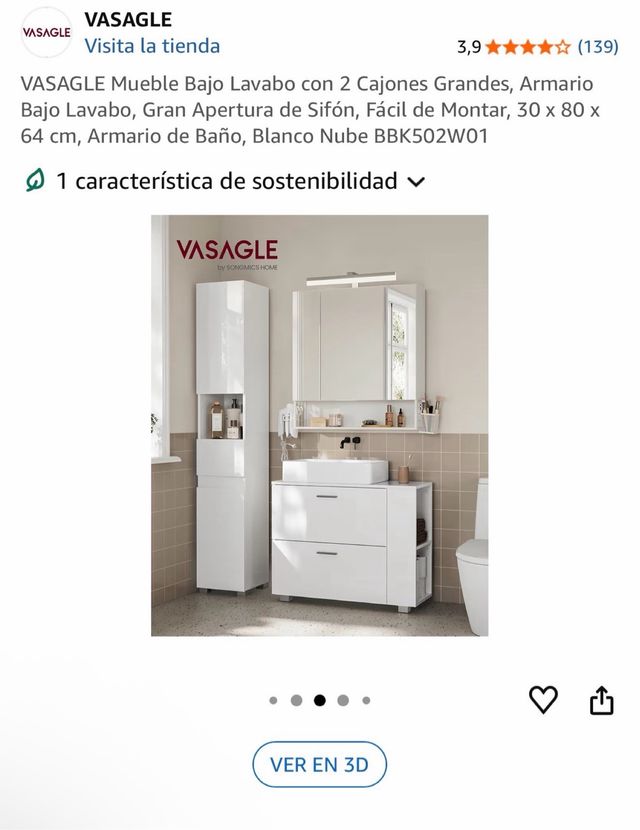 Mueble Bajo Lavabo VASAGLE 2 Cajones Blanco