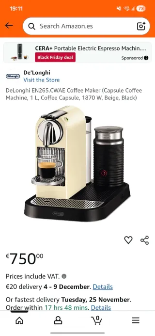 Cafetera Nespresso DeLonghi EN 265