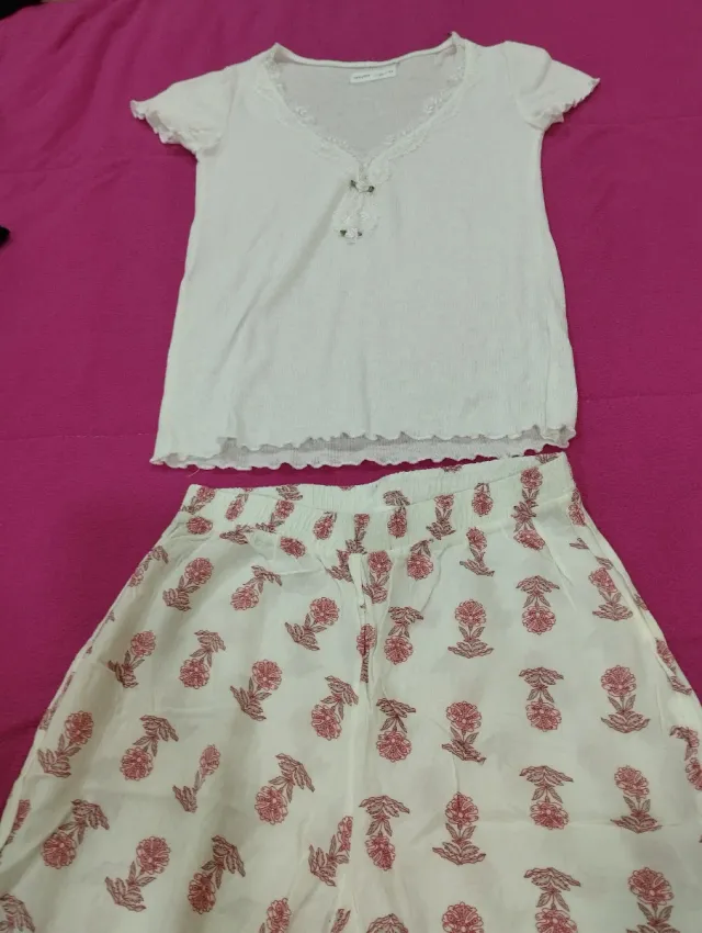 Pijama branco e coral XS algodão e cetim