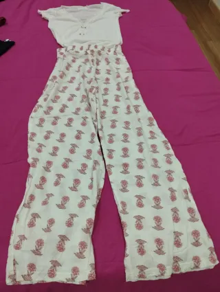 Pijama branco e coral XS algodão e cetim