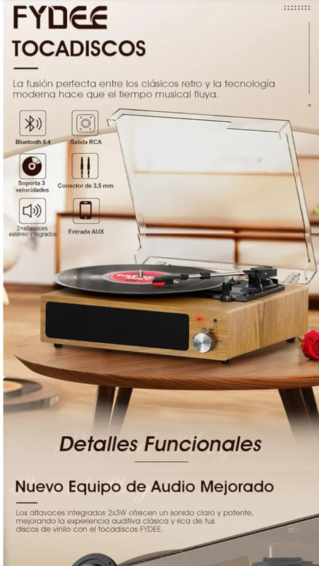 Tocadiscos FYDEE Retro Bluetooth RCA AUX y bluetoo
