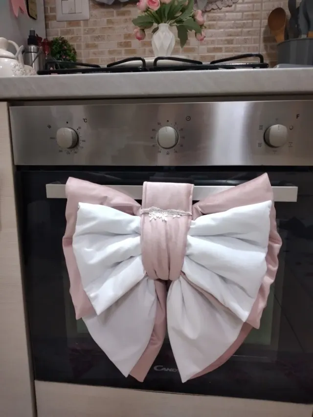 Copriforno fiocco in velluto rosa e bianco