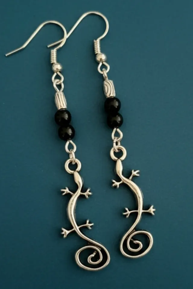 Pendientes salamandra obsidiana plata