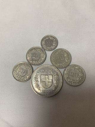 Lote 6 monedas Franco Suizo 20 y 5 Fr