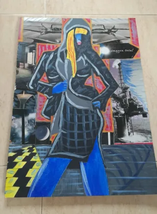 Dibujo al óleo y collage antiguo