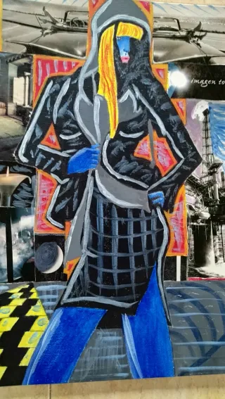 Dibujo al óleo y collage antiguo