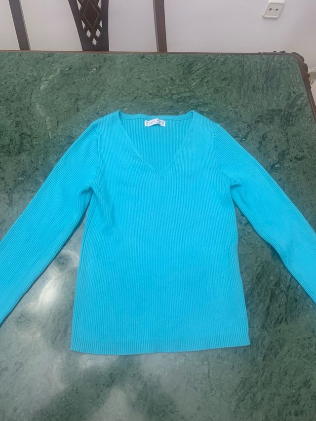 Suéter V-Neck Turquesa Manga Larga