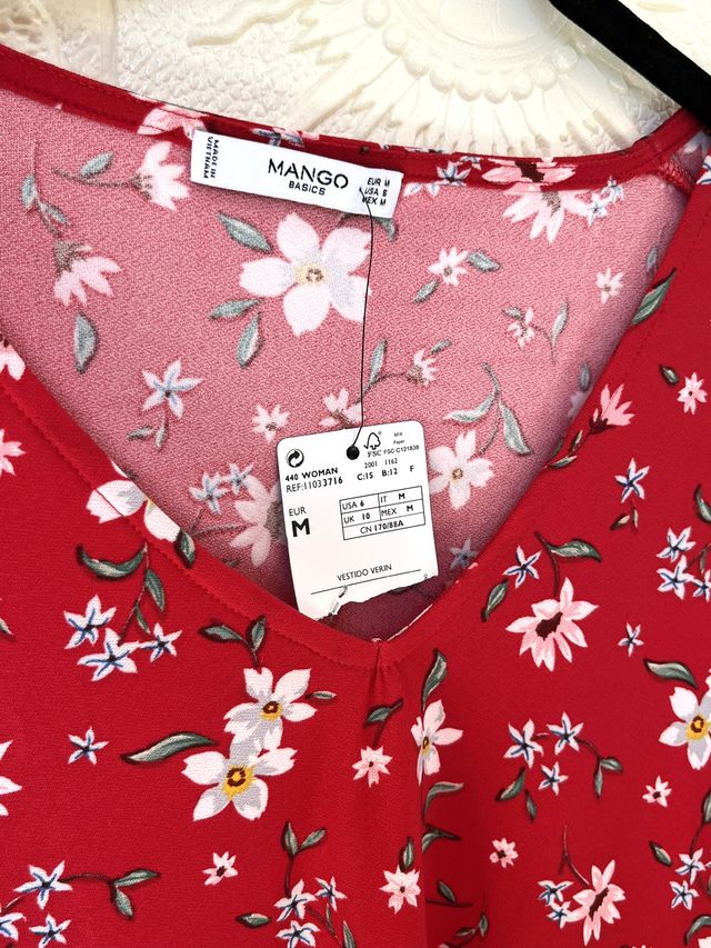 Vestido rojo flores Mango Talla M