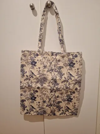 Bolso Tote Flores Azul y Beige
