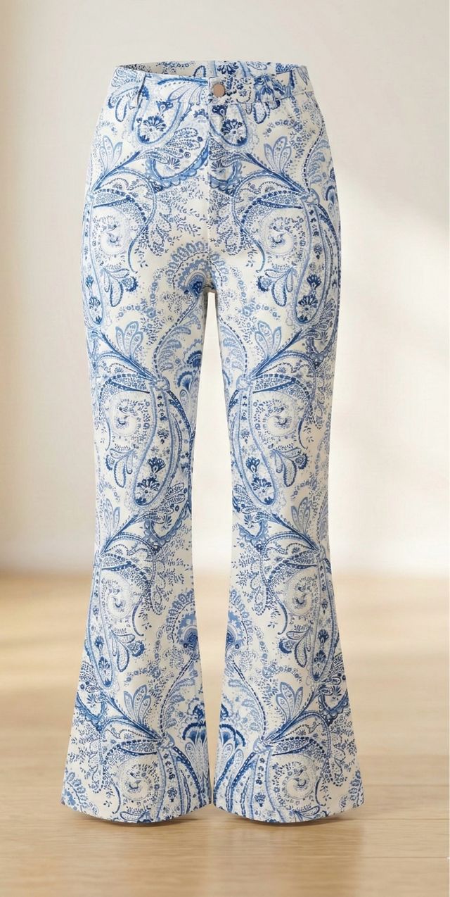Pantalón Flare Print Floral Azul Estilo Retro